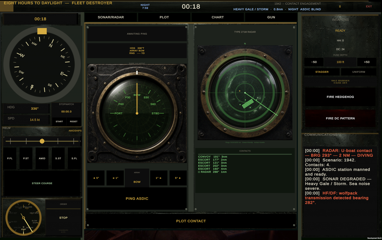 Eight Hours to Daylight gameplay: ASDIC and Type 271 radar scopes, weapons panel, and communications log during a night contact engagement